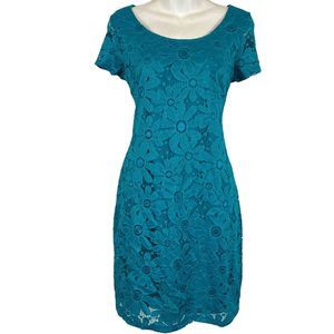 Tiana B Womens Teal Blue Floral Lace Short Sleeve Pullover Lined Dress sz M